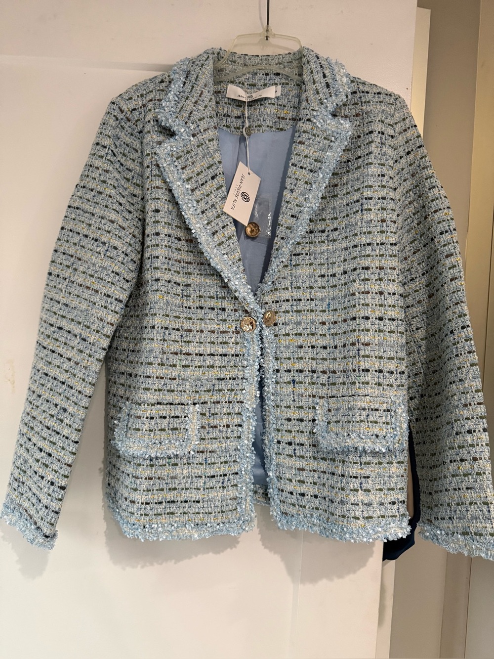 Light Blue Tweed Blazer Jacket with Gold Buttons